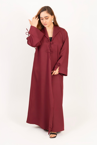 LINELLE Maroon Red Abaya Women – Bow Detailing on Sleeves & Neck