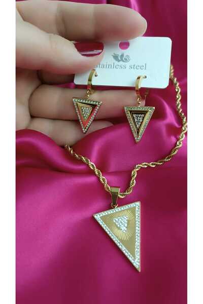 shop 316L Steel Non-Tarnish Zircon Stone Triangle Shaped Necklace+Earrings Set