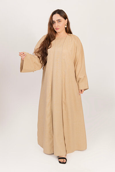 LINELLE Beige Abaya Women – Textured Fabric, 2-Piece Inner & Coat Style