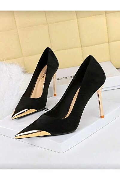 ELEVAM Women's Stiletto Pointed Toe Gold Detailed Heeled Shoes Ginez Black