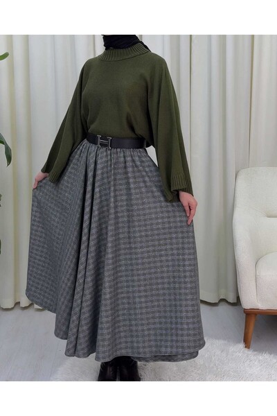 Modamorfo Plaid Patterned 360 Degree Skirt with Elastic Waist - Khaki