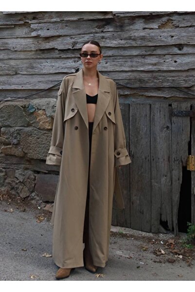 SPICA STORE Camel Pamuklu Uzun Kuşaklı Oversıze Trençkot