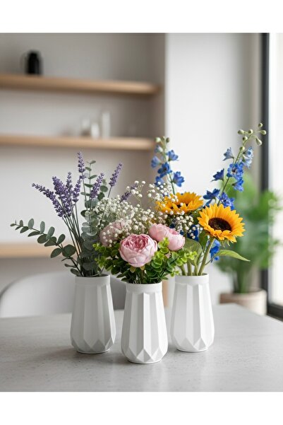 Silver Set of 3 Modern Geometric Design Decorative Vases - Nordic Style White...