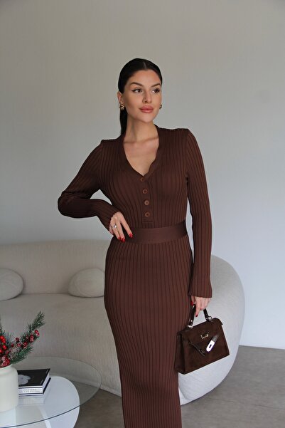 Julidress Coffee V-Neck Buttoned Belted Bodycon Midi Knitted Sweater Pencil D...