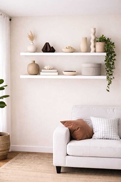 Woody Home Beyaz Dekoratif Uçan Duvar Rafı Gizli Bağlantılı 2'li Set 70x14