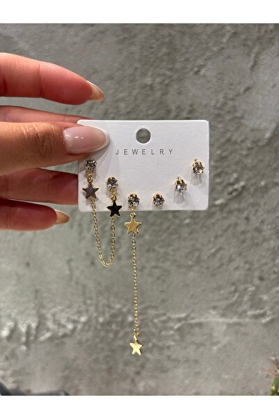 Luz De Viento 3'lü Yıldız Sallantılı Zirkon Taşlı Kıkırdak Kadın Küpe Seti