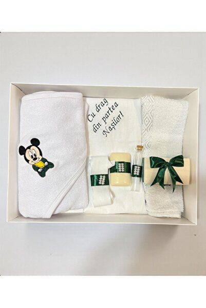 Botez Trusou Mickey Mouse - verde 7 piese, in cutie, bumbac, cu mesajul "Cu d...