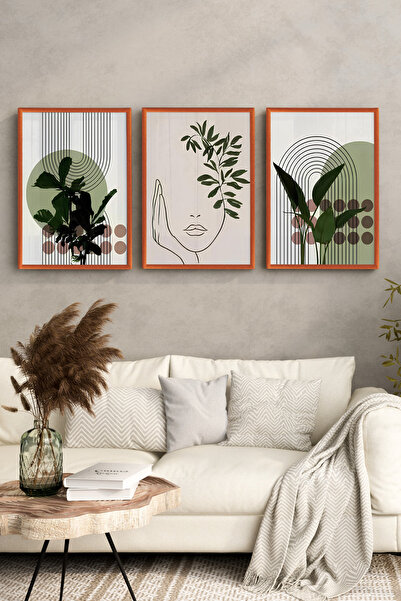 kutuTR BAKIR Ahşap Çerçeveli 2D UV Baskı 3’lü MDF Tablo–Minimal Yüz & Bitki S...