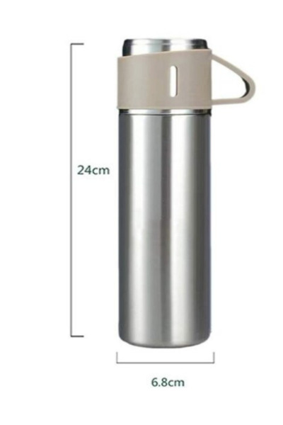 OEM Set Termos Inox 500 ml cu 3 Cești 150 ml, Izolat Termic, pentru Băuturi Calde/Reci, Crem