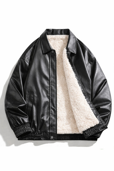 çerme O Oversized Unisex Vintage Leather Jacket Coat with Fur Inside