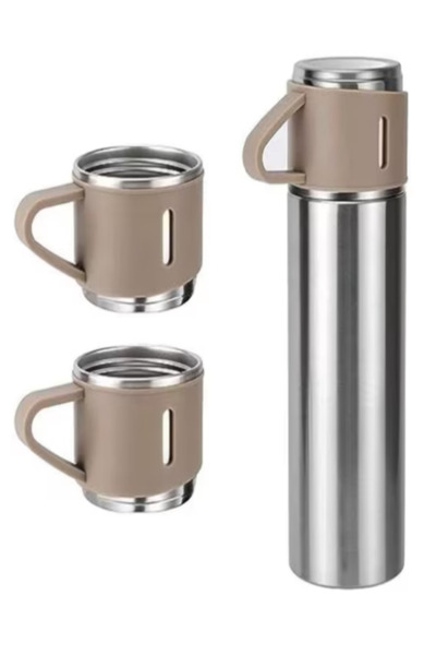 OEM Set Termos Inox 500 ml cu 3 Cești 150 ml, Izolat Termic, pentru Băuturi Calde/Reci, Crem