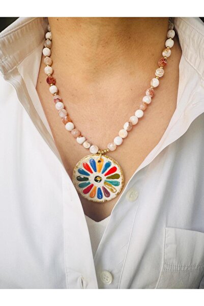 DEVİ fashion Natural Stone Design Necklace with Ceramic End 48 cm