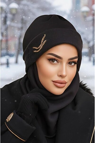 Aişe tesettür Siyah Zincirli Maskeli Bere