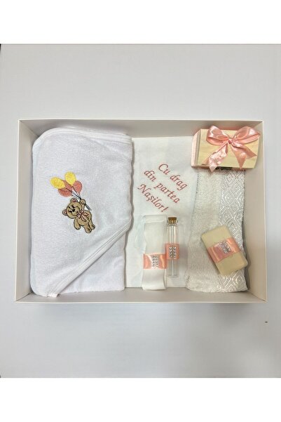 Botez Trusou ursulet , 7 piese, pudra, in cutie, bumbac, cu mesajul "Cu drag ...