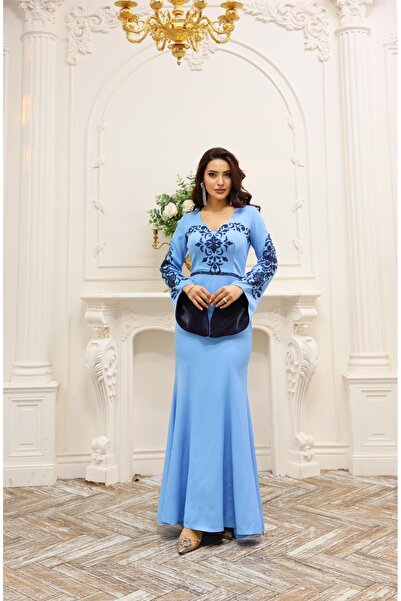 DADO BELLA İndigo Konik Taş İşlemeli Balık Kesim V Yaka İspanyol Kol Uzun Abiye