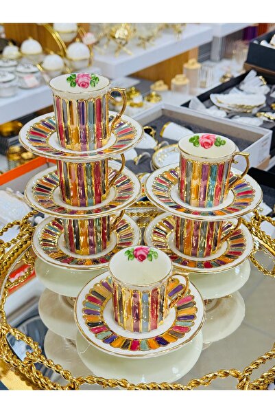 EVRA 6 Kişilik 24K Altın Yaldızlı Yeni El Boyaması Kahve Fincan Takımı m22