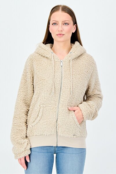 Marc New York Women Faux Far Long Sleeve Full Zip Sherpa Hoodie, Beige