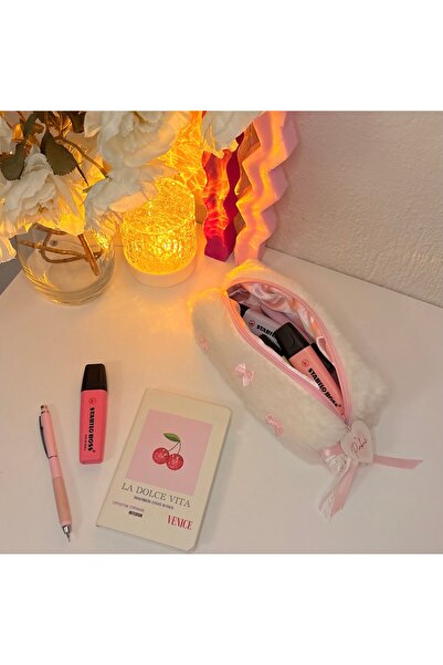 Generic Brand Pink Bow Detailed Plush Care Bag/ Makeup Bag/ Pen Holder