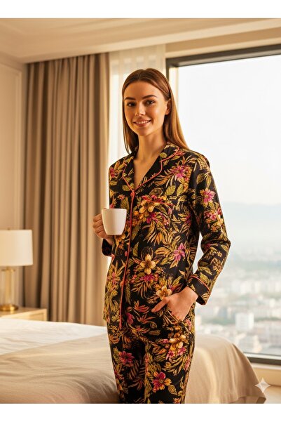 İpek Set de pijamale țesute cu mâneci lungi și nasturi în față pentru femei