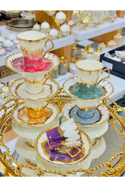 EVRA 6 Kişilik 24K Altın Yaldızlı Yeni El Boyaması Kahve Fincan Takımı m27