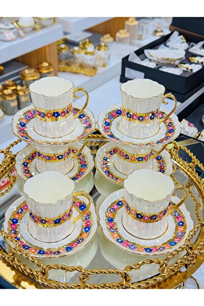 EVRA 6 Kişilik 24K Altın Yaldızlı Yeni El Boyaması Kahve Fincan Takımı m23