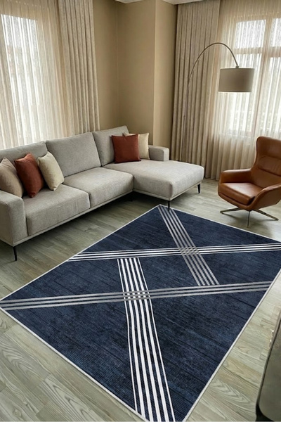CENTER AVM Lacivert Halı Salon Halısı Makinede Yıkanabilir Halı Kaymaz Taban ...