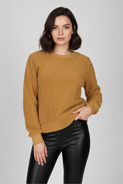 Style & Co Women Plus Size Textured Long Sleeve Sherpa Sweatshirt, Camel