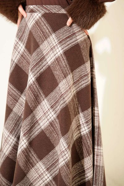 PINTORE Women's Long Lumberjack Cashmere Fabric Plaid Skirt