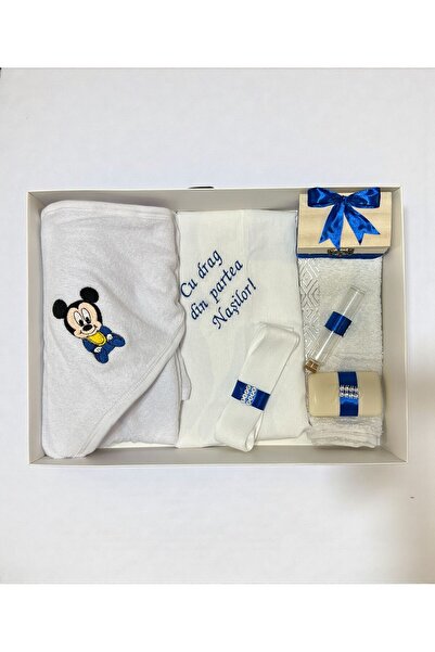 Botez Trusou Mickey Mouse- albastru electric 7 piese, in cutie, bumbac, "Cu d...