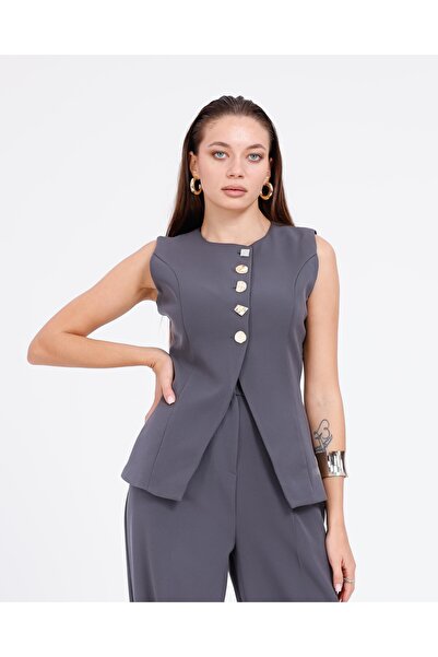 Hrsn Asimetrik Düğmeli Uzun Yelek