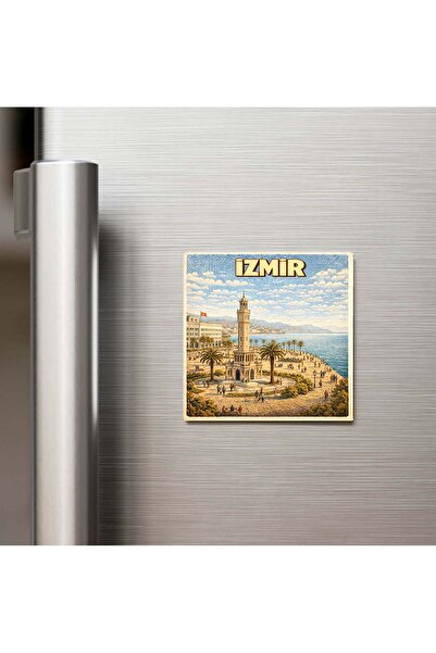 iBerk Mıknatıslı Buzdolap Magneti - İzmir Şehri - Pop-Art Travel - 9x9 cm