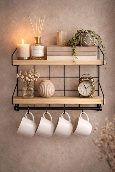 MİHRES 2 Katlı Dekoratif Duvar Raf Baharatlık Standı Şık obje köşesi Kahve Kö...