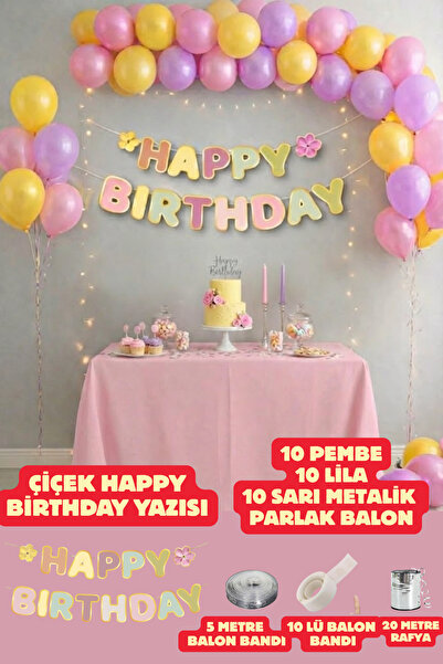 Baloncu Nene Flower Happy Birthday Lettering 10 Pink 10 Lilac 10 Yellow Shiny...