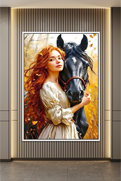 ARTAN GALLERY İtalyan Kadife At ve Kız Tablosu | Yağlı Boya Görünümlü Lüks Du...