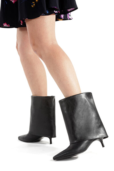 LUVETTO Black Leather Pointed Long Boots 5 cm Thin Heel New Season