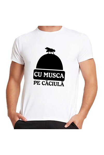 OEM Tricou Alb Unisex funny „Cu musca pe caciula” – bumbac 100%, imprimeu rez...