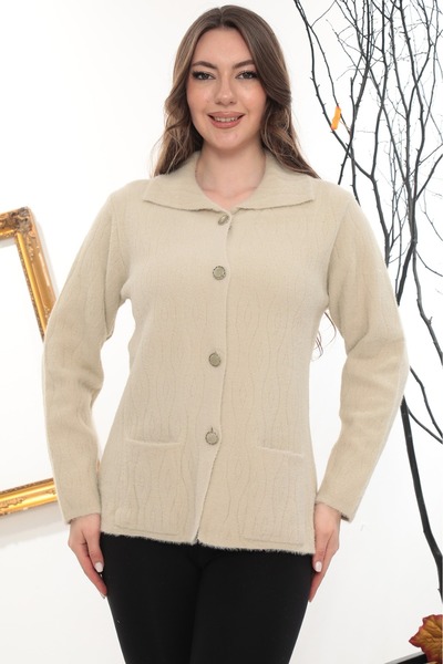 GÖMLEK GALERİSİ Women's Angora Argyle Patterned Polo Neck Cardigan Standard F...