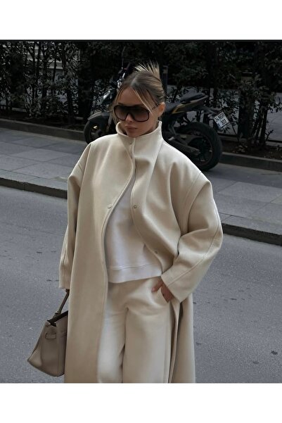 SPICA STORE Açık Bej Dik Yaka Yünlü Oversıze Uzun Çıtçıtlı Kaban