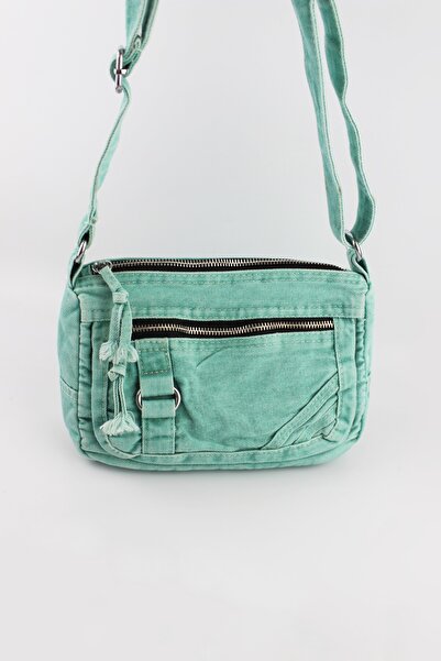 İLKYAZ حقيبة كتف نسائية كلاسيكية من قماش الدنيم بسحاب للإغلاق باللون الأخضر ا...