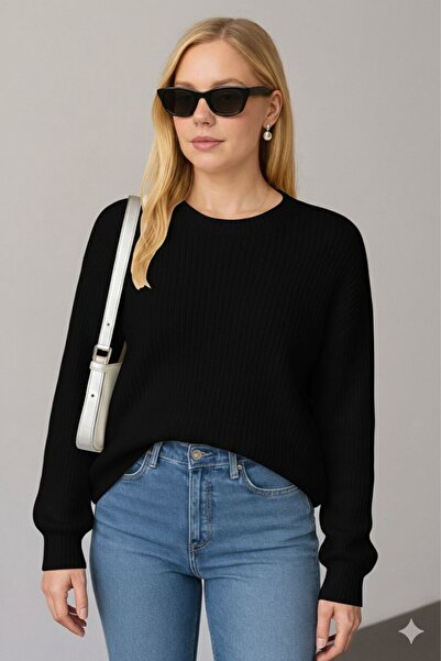 YUGA KNİTTİNG سترة نسائية محبوكة بياقة دائرية وتصميم انسيابي من نوع SELANIK