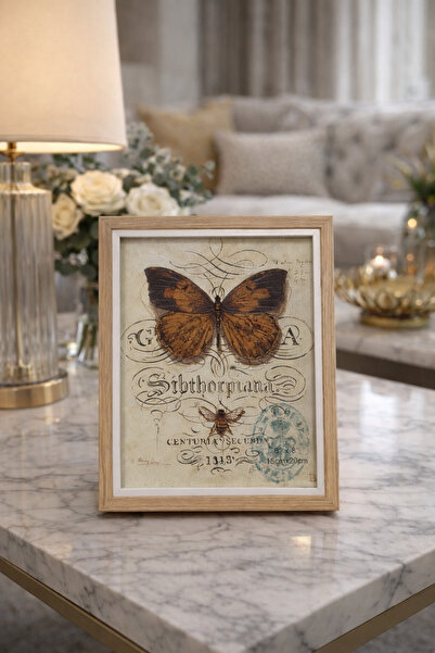 Kaplan Concept Vintage Kelebek Desenli Ahşap Çerçeveli Masaüstü Dekoratif Tab...