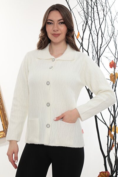 GÖMLEK GALERİSİ Women's Angora Argyle Patterned Polo Neck Cardigan Standard F...