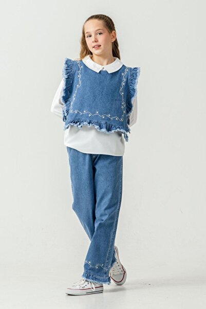 Minigimin Cicileri My Little One's Ruffle Detailed Denim 3-Piece Set for Girl...