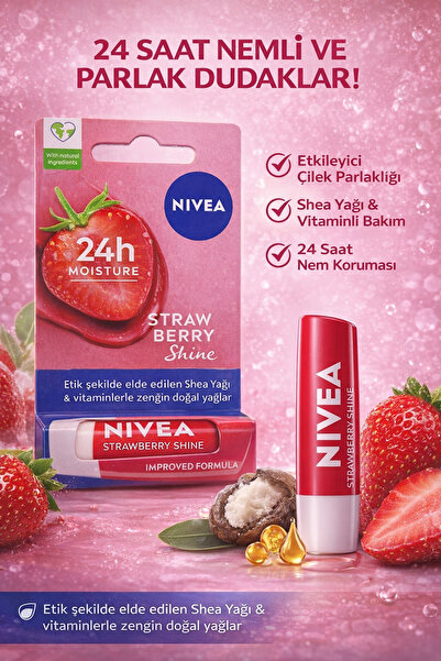 NIVEA Strawberry Shine Parlak Dudak Balmı – Çilek Etkisi & Yoğun Nem