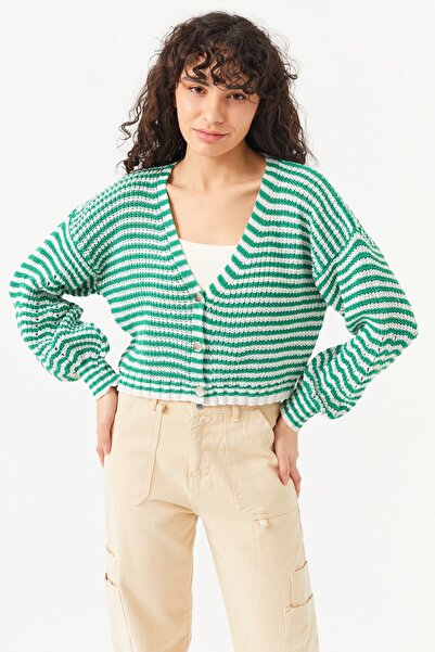 K-ODEA BUTİK Women's Green Openwork Striped Crop Sweater Cardigan with Metal ...