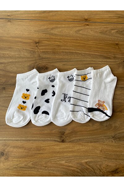 Nexa Doğaltaş Set of 5 Teddy Bear Patterned Women's Booties Socks – Soft Text...