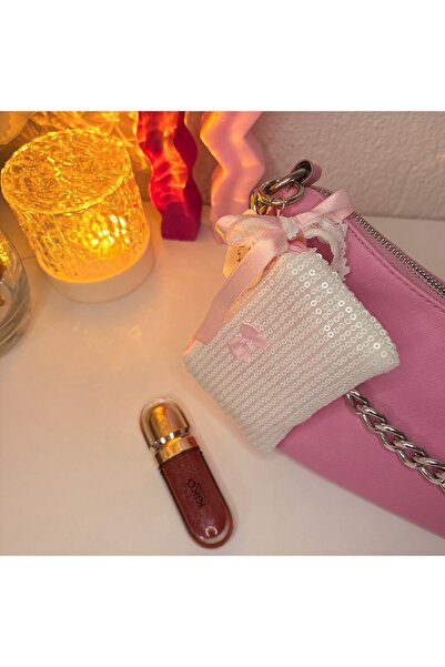 PİNKUE Μίνι θήκη για κάρτες / πορτοφόλι με λευκές παγιέτες και ροζ φιόγκο