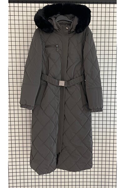 Armine Çıkarılabilir Kapüşonlu Fermuar Detaylı Toka Kemerli Kapitone Kaban