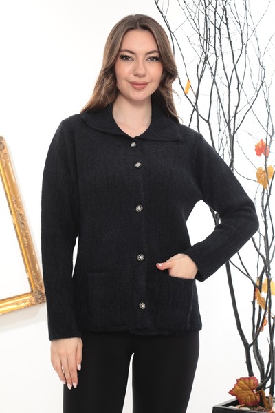 GÖMLEK GALERİSİ Women's Angora Argyle Patterned Polo Neck Cardigan Standard F...