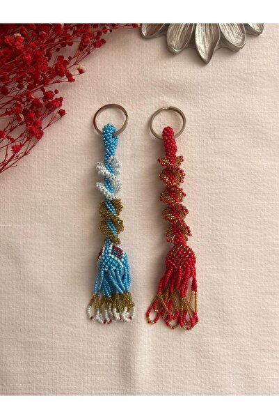 Handmade KUM BONCUK EL İŞİ MAVİ KIRMIZI İKİLİ TİLKİ KUYRUĞU ANAHTARLIK
